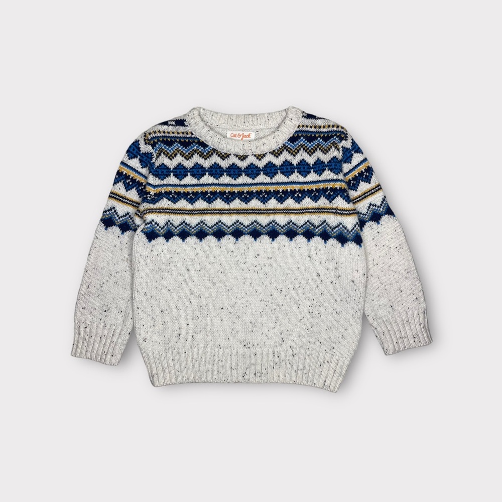 Cat & Jack Fair Isle Festive Gray & Blue Knit Sweater